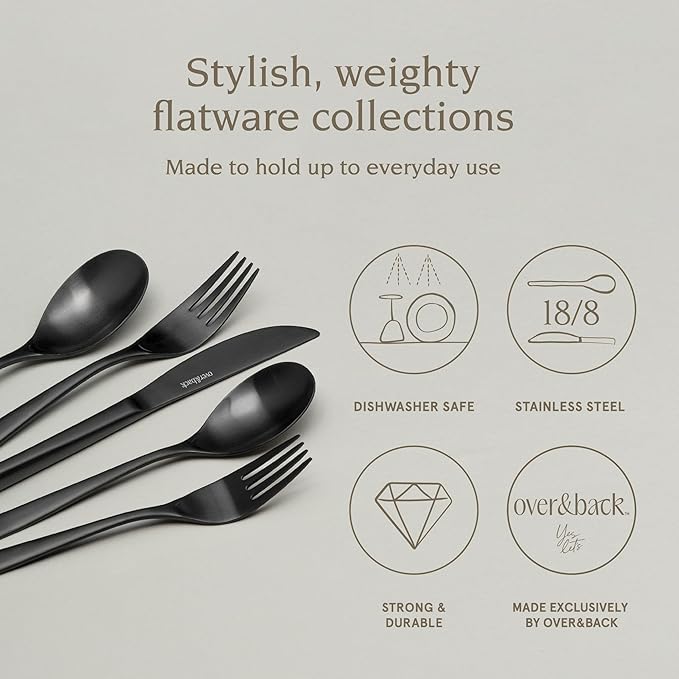 over&back 20pc Curved Flatware Cutlery Set - Comes with 4 Dinner Forks, 4 Salad Forks, 4 Dinner Knives, 4 Dinner Spoons, and 4 Teaspoons - 18/8 Stainless Steel - Dishwasher-Safe - Matte Black-Ruum Studio Home