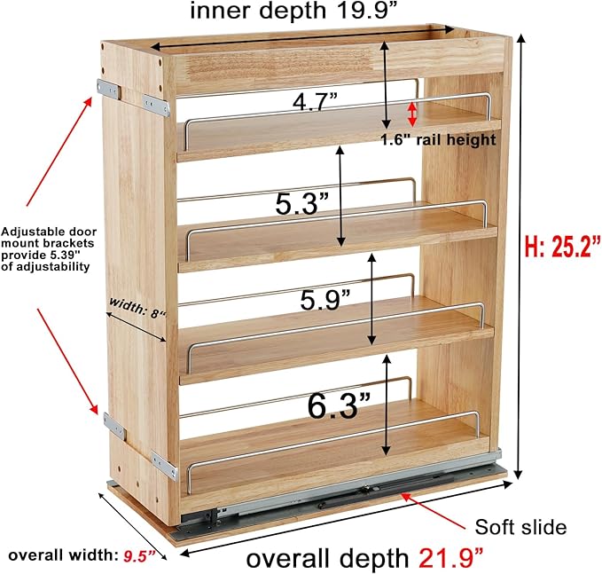 DINDON Pull Out Spice Rack Cabinet Organizer, (8" W x 21.9" D x 25.2" H) Multi-Use Soild Wood Pull Out Cabinet Organizer Slide Out Shelf Sliding Base Cabinet Storage Organization-Ruum Studio Home