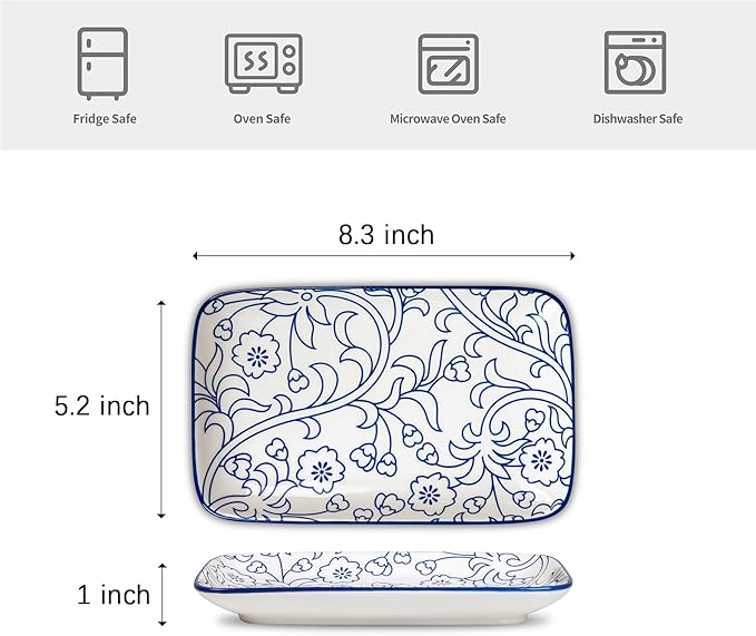 Selamica Ceramic Rectangular Salad Plates Set of 4, 8 Inch Small Serving Plates for Appetizers, Sushi, Fruit, Vintage Blue-Ruum Studio Home
