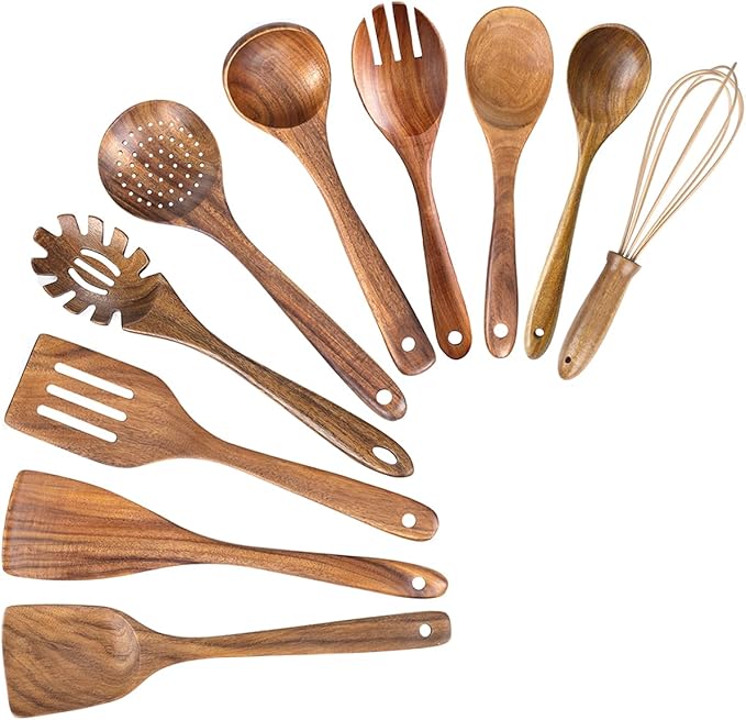 AIUHI 10 Pack Wooden Spoons for Cooking, Teak Wood Kitchen Utensils Set for Non Stick Use, Spatula Set for Stirring, Baking, Non Stick Wooden Utensils for Kitchen-Ruum Studio Home