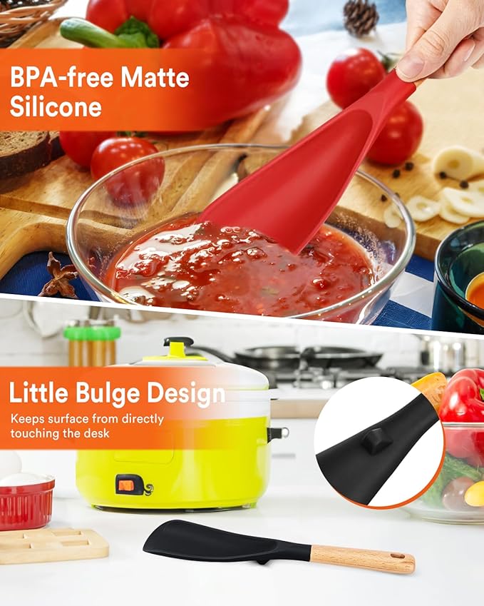 Cooking Spoon for Nonstick Cookwares, Great for Cooking and Serving Sturdy BPA-Free Matte Silicone, Wood Handle Spoon for Mixing, Scoop, and Scrape (Black & Red, 11.4 inch)-Ruum Studio Home