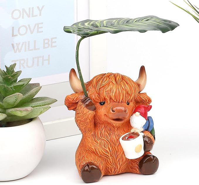 Garden Gnome with Highland Cattle 6.5“ Figurine Ornament for Indoor Outdoor Home Patio Yard Lawn, Red Hat, Blue Outfit, Indoor Outdoor Decorative Statue-Ruum Studio Home