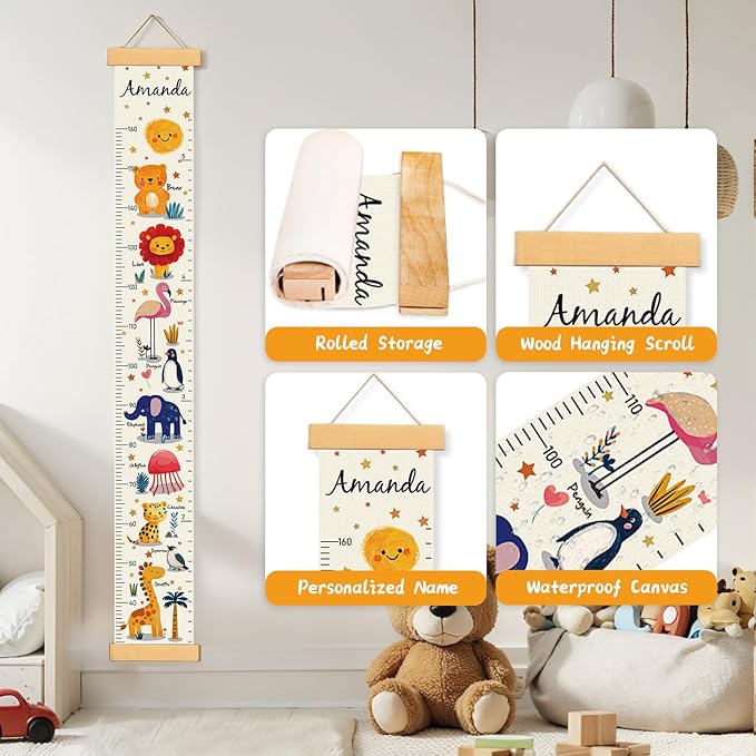 Personalized Name Growth Chart Wall Decor for Kids – Canvas Removable Height Chart Measuring Ruler 59" x 7.9" (Animals)-Ruum Studio Home