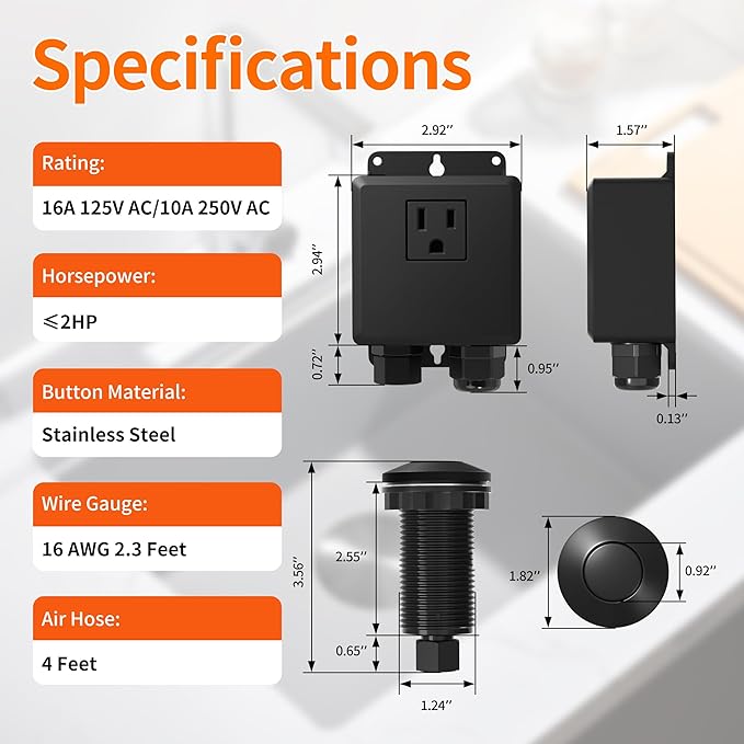 Joinfworld Garbage Disposal Air Switch Kit Waterproof Garbage Disposal Button Kit with Long Garbage Disposal Switch Matte Black - UL Listed-Ruum Studio Home