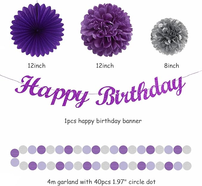 Purple Silver Birthday Party-Decorations Paper-Flowers - 14pcs Happy Banner Lavender Lanterns Tissue Pom Poms,Lilac Streamers Garland Fans,Women Girls Adult Kids Office Hanging Supplies Decor Hugfond-Ruum Studio Home