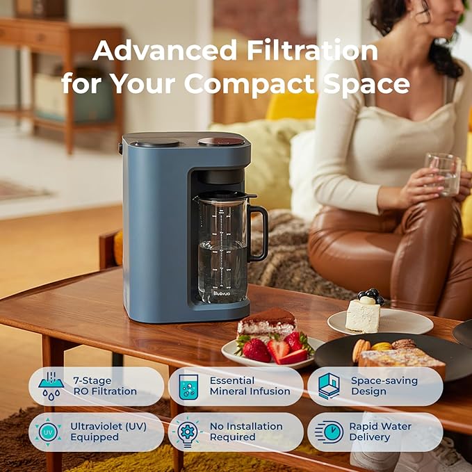 Bluevua RO100ROPOT-Lite(UV) Countertop Reverse Osmosis Water Filter System, 7-Stage Purification with UV and Remineralization, 3:1 Pure to Drain, Portable Water Purifier (Blue)-Ruum Studio Home