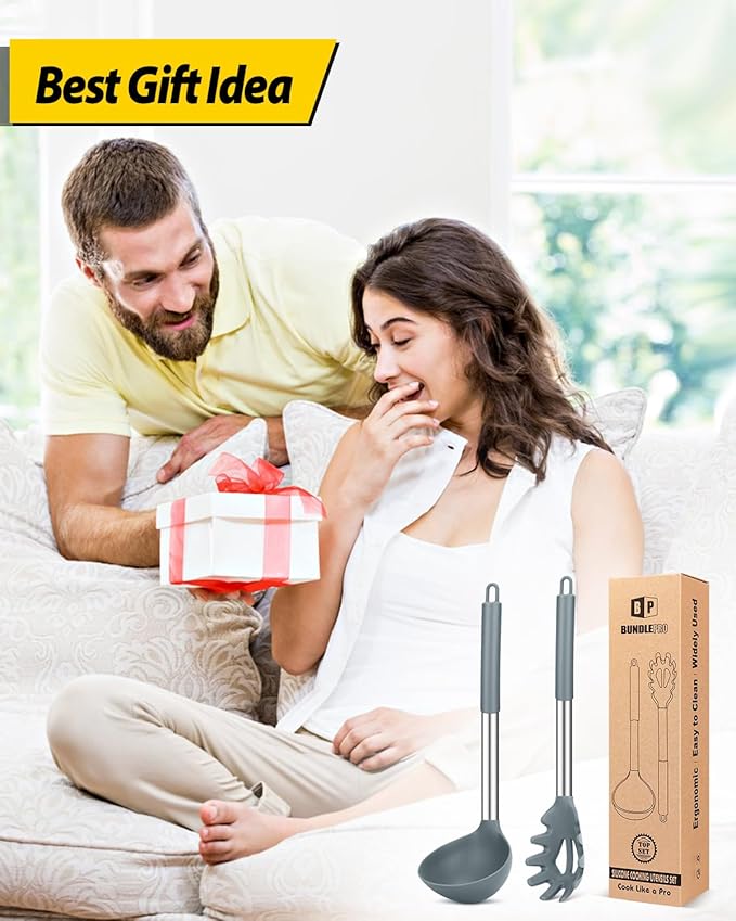Silicone Pasta Fork and Ladle Spoon Set, Large Non Stick Kitchen Utensils for Cooking,Stirring,Serving Spaghetti, Soup, Sauce (GRAY)-Ruum Studio Home
