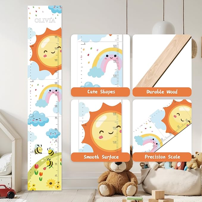 Personalized Name Growth Chart for Wall, Sun Rainbow Height Chart for Kids, No-Drill Growth Chart for Wall, Perfect as Kids Room Decor & Thoughtful Birthday Gift for Boys and Girls-Ruum Studio Home