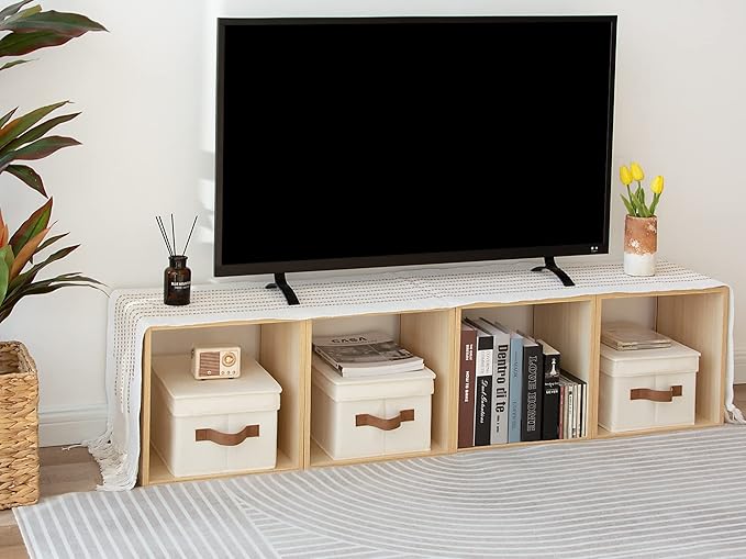 StorageWorks Storage Bins with Lids, Decorative Storage Boxes with Lid and PU Handles, Foldable Storage Baskets for Closet, Shelves, Stackable, Ivory, Medium, 3-Pack-Ruum Studio Home