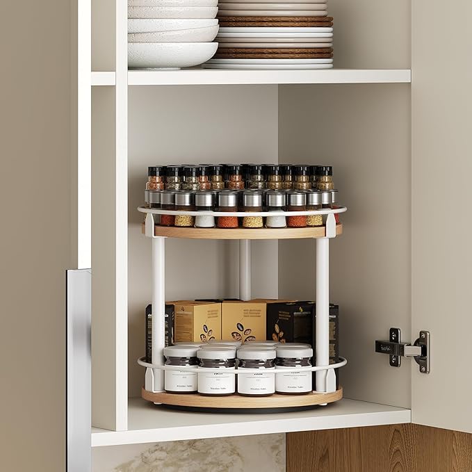 Lazy Susan Organizer, Rotating Spice Rack, 2 Tier Spice Turntable Organizer, Industrial Turntable Spice Holder, for Kitchen Countertop, Compact and Versatile, White and Natural SR22WN-Ruum Studio Home