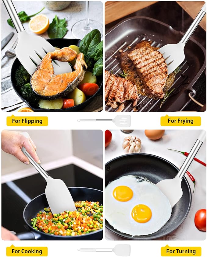 Pack of 2 Silicone Solid Turner, Non Stick Slotted Kitchen Spatulas, High Heat Resistant BPA Free Cooking Utensils, Ideal Cookware for Fish, Eggs, Pancakes(White)-Ruum Studio Home
