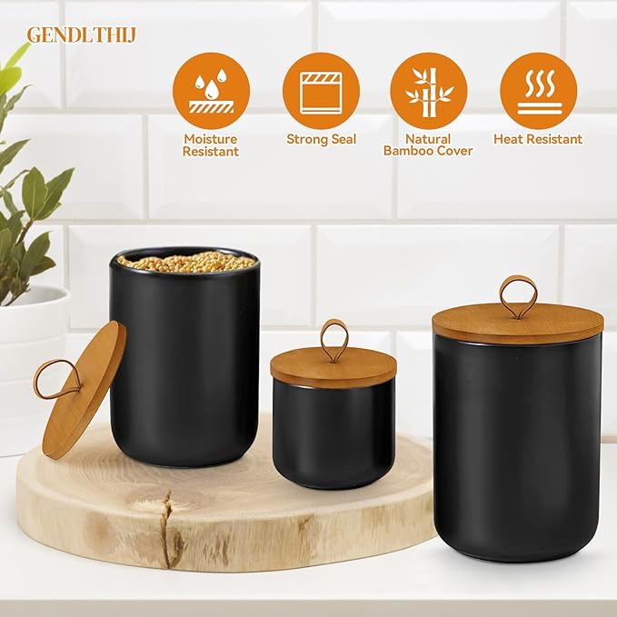 Canister Sets for Kitchen,Ceramic Kitchen Canisters for Countertop with Airtight Wood Lids for Serving Ground Coffee, Tea, Spice, Grains, Sugar, Salt (Black Pack of 3 (8.7/27/44 Oz))-Ruum Studio Home