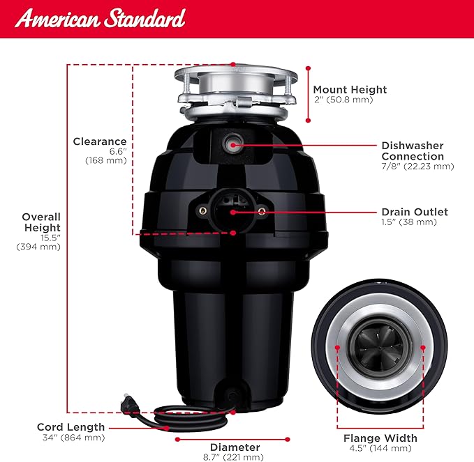 American Standard 10-US-AS-12 Garbage Disposal Anti-Jam Stainless Steel Food Waste Grinding System, Heavy Duty, 1.25 HP, Black-Ruum Studio Home