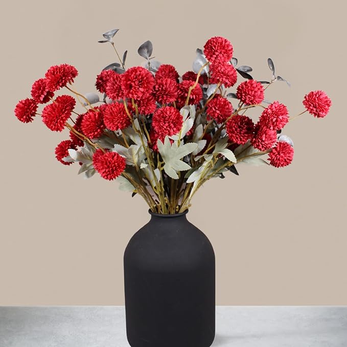 Burgundy Flowers, Maroon Artificial 10 Long Stems + Eucalyptus, Wine Colored Silk Flowers for Burgundy Decor, Fall Table Centerpieces, Dark Red Faux Mums, Thanksgiving Centerpieces For Tables-Ruum Studio Home