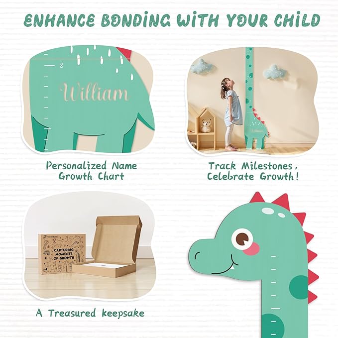 Personalized Name Growth Chart, Dinosaur Wooden Height Chart, Thick Height Measuring Board, Kids Height Tracker for Nursery Decor, Baby Boy Girl Measurement Ruler, Growth Charts Ruler-Ruum Studio Home