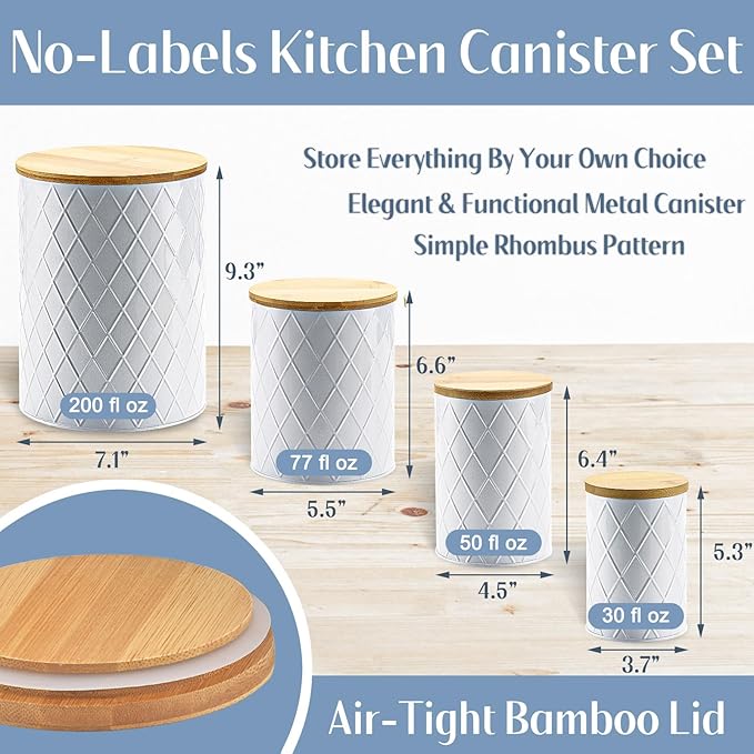 White Kitchen Canisters Set with Bamboo Lids, Airtight Sugar, Flour, Coffee, Cookie Storage Canister Sets for kitchen Countertop, Farmhouse kitchen decor, 4 Pack-Ruum Studio Home