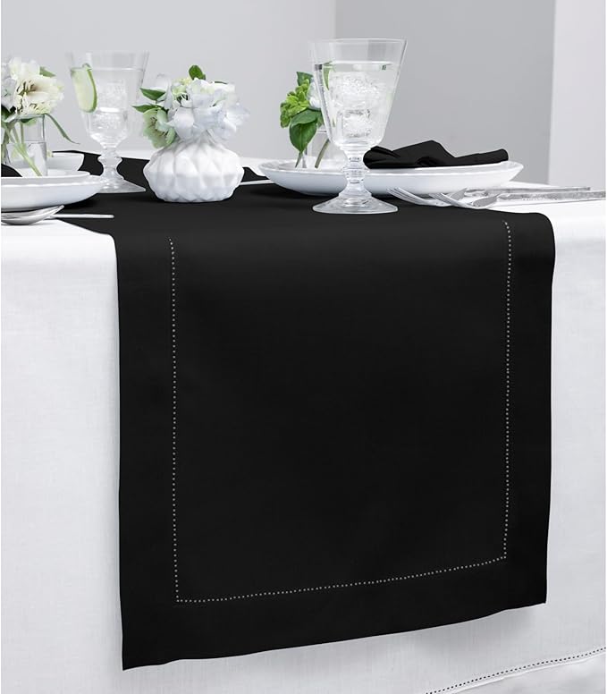 Solino Home Linen Black Table Runner 108 Inches Long - 100% Pure Linen 14 x 108 Inch Table Runner for Fall, Autumn, Halloween, Thanksgiving - Classic Hemstitch
