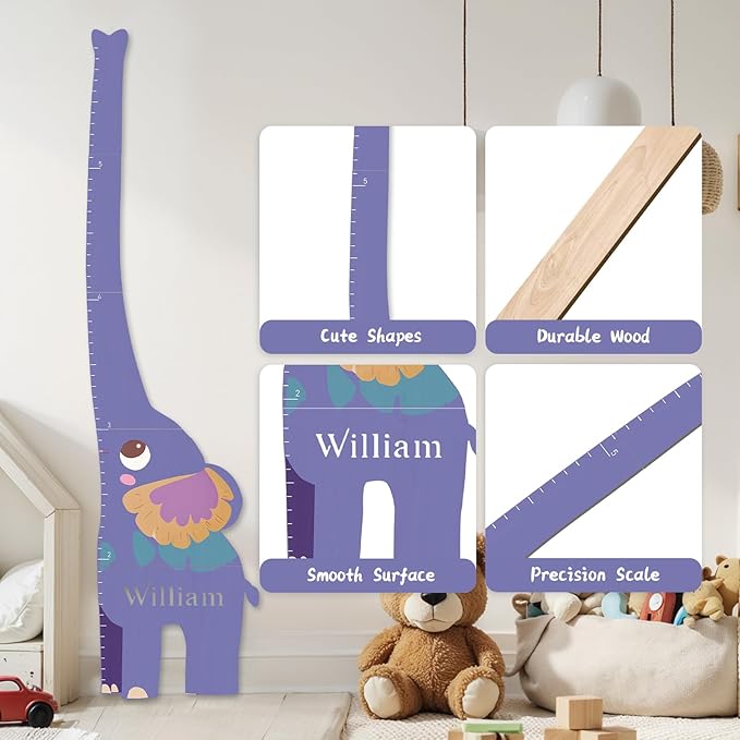 Personalized Name Growth Chart for Kids, Elephant Patchwork Wooden Height Chart for Wall Decor, Custom Height Ruler, Baby Boy Girl Measurement Ruler for Bedroom Playroom, Easy to Mark-Ruum Studio Home