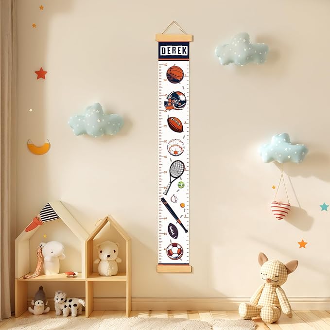 Personalized Name Growth Chart Wall Decor for Kids – Canvas Removable Height Chart Measuring Ruler 59" x 7.9" (Balls)-Ruum Studio Home
