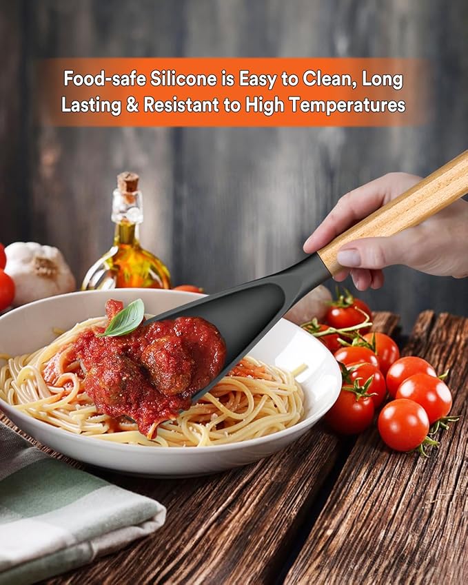 Multifunction Spatula Spoon for Nonstick Cookwares, Great for Cooking and Serving, Sturdy BPA-Free Matte Silicone, Wood Handle Spatula for Mixing, Scoop, and Scrape, Grey(2 pack,11.4" & 13.4")-Ruum Studio Home