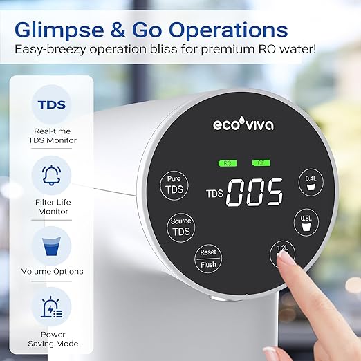 Ecoviva Countertop Reverse Osmosis Water Filtration System, Portable RO Water Filter Purifier with 5 Stage Filtration, 3:1 Pure to Drain, TDS Monitor, Faster Delivery Flow, Plug and Use - White-Ruum Studio Home