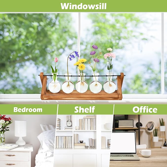 Retro Wood Stand Plant Terrarium with 5 Air Planter Bulb Glass Vases, Perfect for Home, Office, or Wedding Decor. Great Desktop Propagation Station and Plant Lover Gift for Women (5 Bulb Vase)-Ruum Studio Home