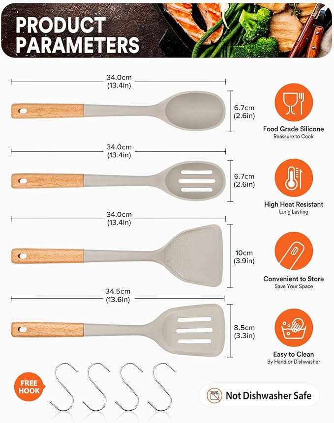 Silicone Cooking Utensils Set, Perfectly Angled for Frying, Mixing,Serving,Draining,Turning and Stirring, BPA-Free Matte Silicone, Wood Handles, Safe for Nonstick Cooking Surfaces,4 Pack (Khaki)-Ruum Studio Home