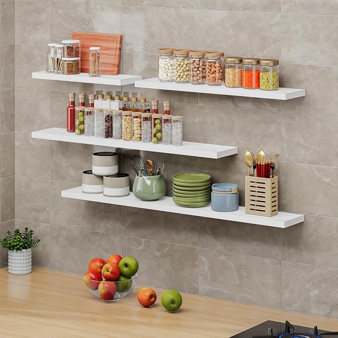 SAUMONIERES Floating Shelves 8 Inch Deep Solid Wood Wide Wall Shelf Set of 1 Wall Mounted for Bedroom Bathroom Living Room Kitchen, 48 Inch White-Ruum Studio Home