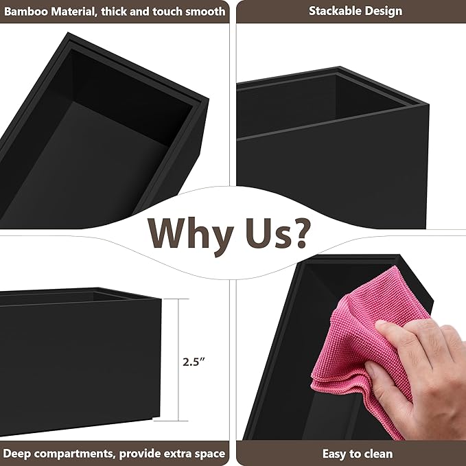 Kitchen Drawer Organizer Bins, Black Bamboo Drawer Organizer Stackable for Silverware, Utensils, Cutlery, Flatware, for Junk Drawer, Dresser, Bathroom, 12" x 3" x 2.5" (Set of 2)-Ruum Studio Home