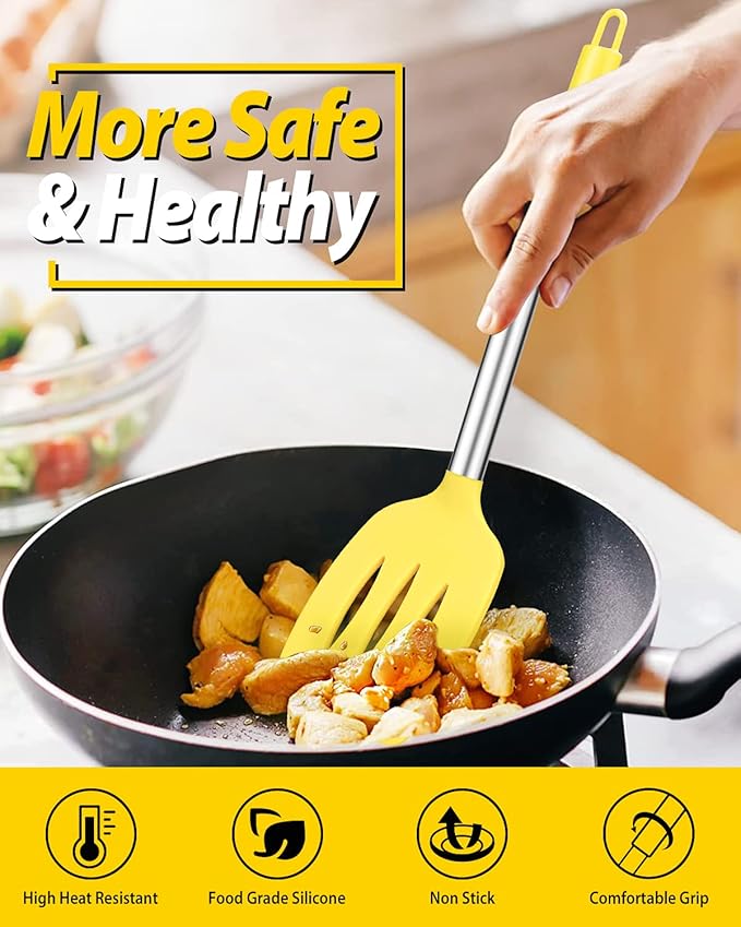 Pack of 2 Silicone Solid Turner, Non Stick Slotted Kitchen Spatulas, High Heat Resistant BPA Free Cooking Utensils, Ideal Cookware for Fish, Eggs, Pancakes(Yellow)-Ruum Studio Home
