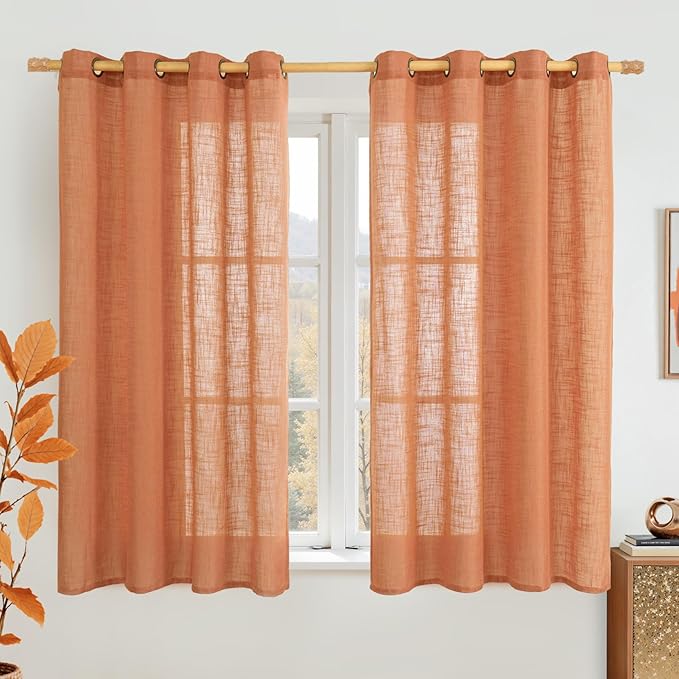 LAMIT Semi Sheer Linen Curtains 45 Inches Long, Bronze Grommet Light Filtering Panels Country Decor Drapes for Bedroom/Farmhouse/Windows, 52 x 45 Inch, Burnt Orange, 2 Panels Set-Ruum Studio Home
