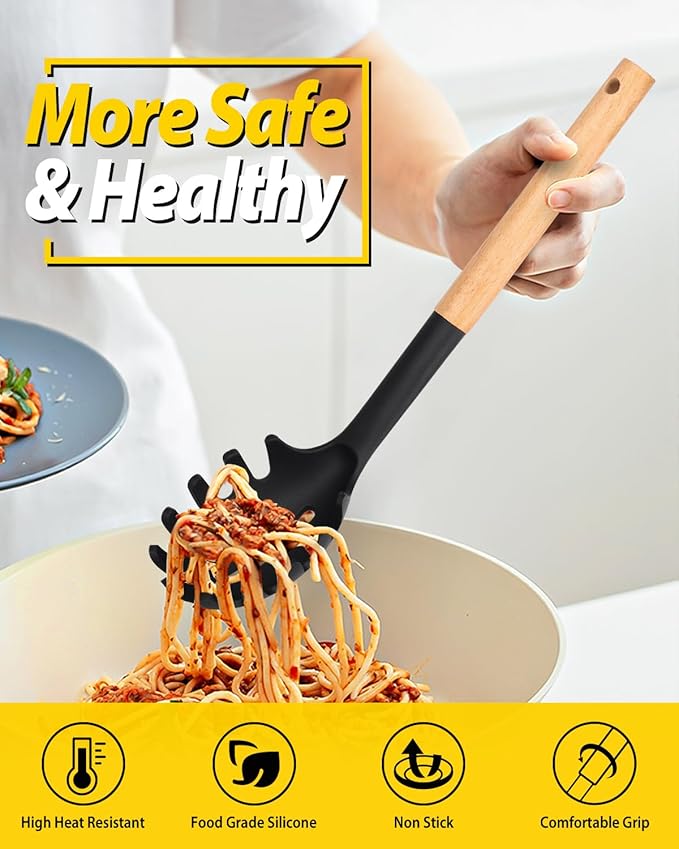Silicone Pasta Fork and Ladle Spoon Set with Wooden Handle, Heat Resistant Non Stick Kitchen Utensils for Cooking, Stirring, Serving Spaghetti, Soup, Sauce(BLACK)-Ruum Studio Home