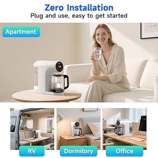 Ecoviva Countertop Reverse Osmosis Water Filter, 6 Stage RO Water Filtration System with Glass Carafe, TDS Displayr, 3:1 Pure to Drain, Portable No Installation Water Purifier White-Ruum Studio Home