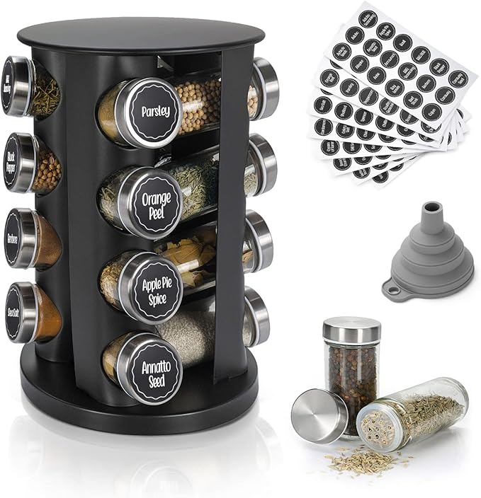 Black Countertop Rotating Spice Rack, 16-Jars Revolving Spice Rack Organizer Tower, 135 Spice Labels with Funnel Complete Set, Seasoning Organizer for Kitchen Countertop, Cabinet-Ruum Studio Home