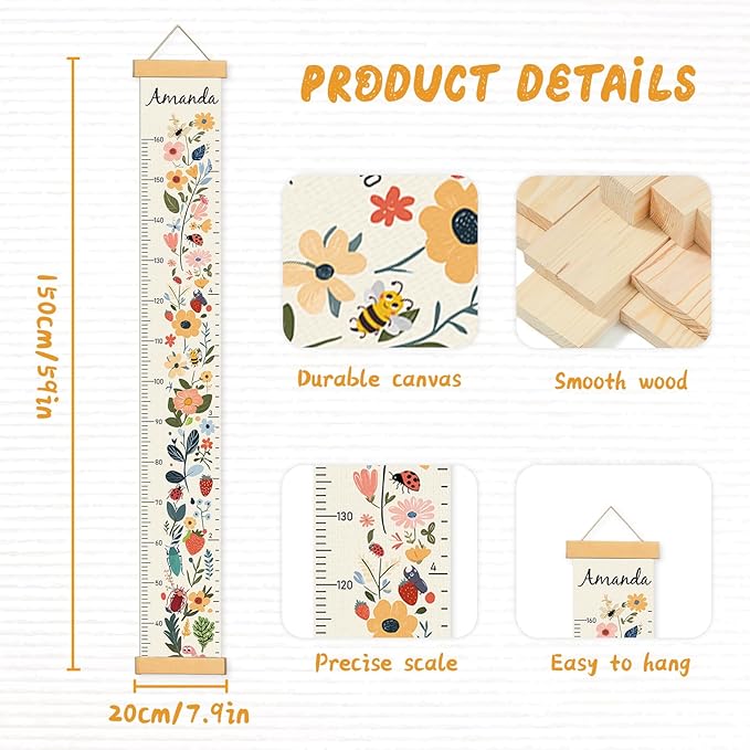 Personalized Name Growth Chart Wall Decor for Kids – Canvas Removable Height Chart Measuring Ruler 59" x 7.9" (Flowers)-Ruum Studio Home