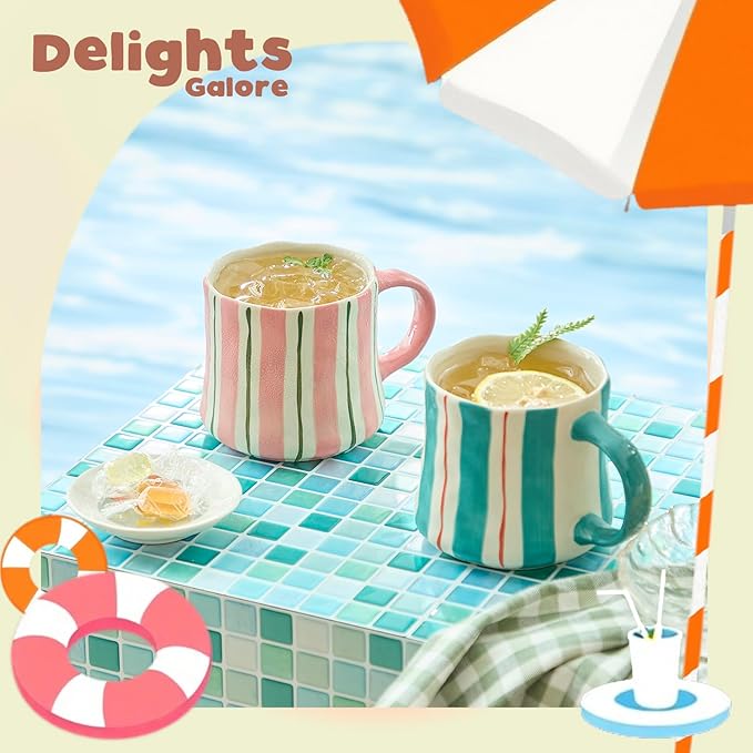 Striped Ceramic Coffee Mugs Set - 2 Pack, Pink & Green,Perfect for Morning Brew or Tea and Cocoa - for Coffee Lovers