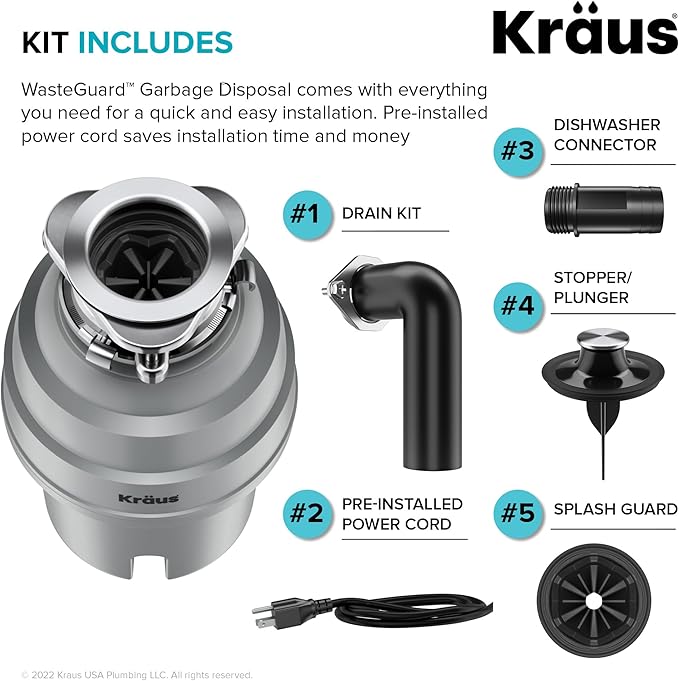 KRAUS WasteGuard High-Speed 1 HP Continuous Feed Ultra-Quiet Motor Garbage Disposal with Power Cord and Flange Included and Universal Mount, KWD200-100MGR-Ruum Studio Home