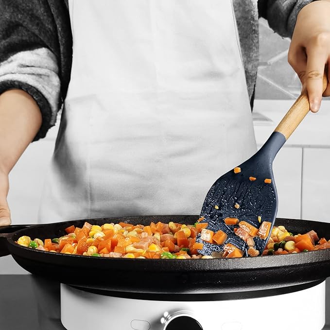 Silicone Cooking Utensils Set - 446°F Heat Resistant Silicone Kitchen Utensils for Cooking,Kitchen Utensil Spatula Set w Wooden Handles and Holder, BPA FREE Gadgets for Non-Stick Cookware (Navy Blue)-Ruum Studio Home