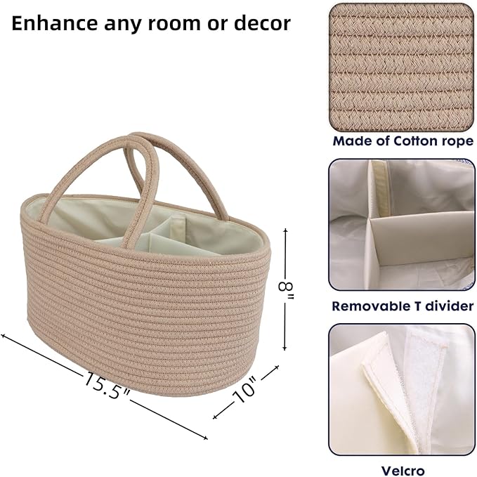Diaper Caddy Organizer Cotton Rope Baby Basket Nursery Storage and Portable Tote Bag for Car Ideal Baby Shower Gifts and Registry Must-Have for Newborn Essentials Large konjak-Ruum Studio Home