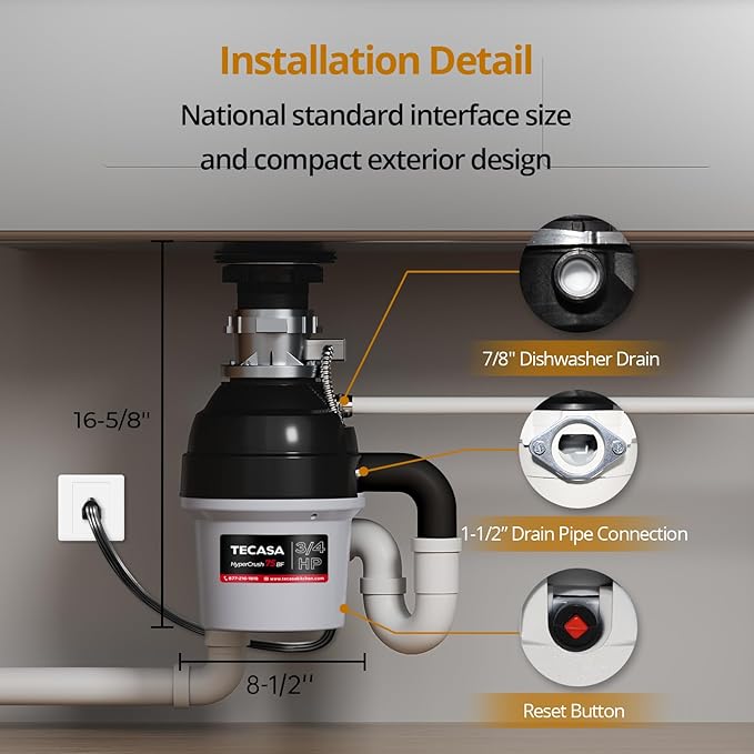 3/4 HP Batch Feed Garbage Disposal, TECASA Stainless Steel Food Waste Grinding System for Kitchen Sink Food Waste, Power Cord Included, Sound Reduction, Grey and Black - HyperCrush 75 BF-Ruum Studio Home