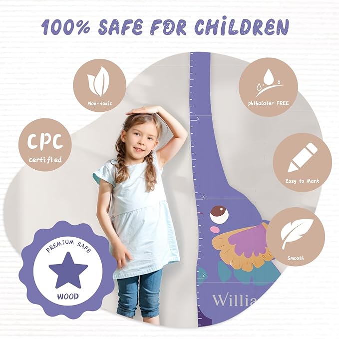 Personalized Name Growth Chart for Kids, Elephant Patchwork Wooden Height Chart for Wall Decor, Custom Height Ruler, Baby Boy Girl Measurement Ruler for Bedroom Playroom, Easy to Mark-Ruum Studio Home