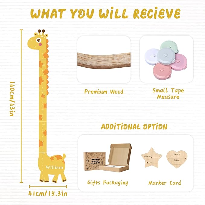 Personalized Name Growth Chart for Kids, Giraffe Height Chart for Boy Girls, Measuring Board for Kids Height, Patchwork Wooden Height Chart Measuring Board, Nursery Growth Chart Ruler-Ruum Studio Home