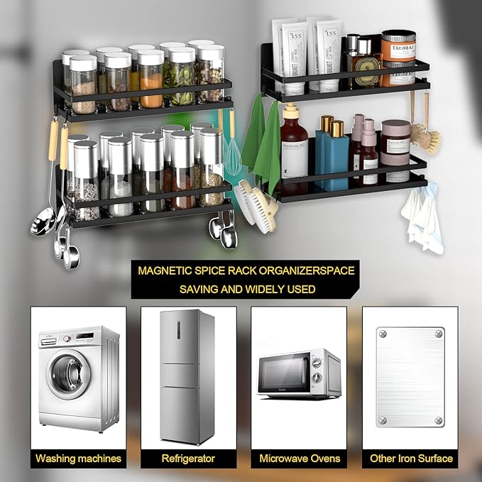 Magnetic Spice Rack for Refrigerator,Magnetic Shelf Fridge Organizer for Kitchen, Spice Rack Space Saver Container for Kitchen/Apartment, Drill Free, Black 6 Pack-Ruum Studio Home