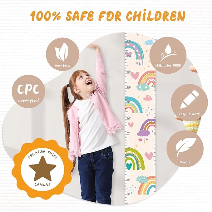 Personalized Name Growth Chart Wall Decor for Kids – Canvas Removable Height Chart Measuring Ruler 59" x 7.9" (Rainbows)-Ruum Studio Home