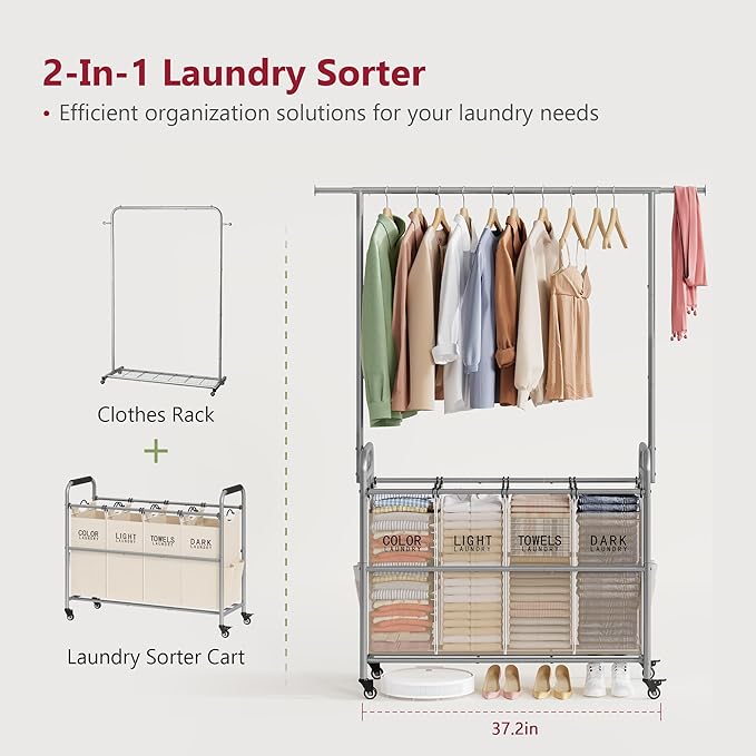 Tajsoon Laundry Hamper with Hanging Rack, Laundry Sorter 4 Sections, 4 Basket Butler with Lockable Wheels and Removable Bag, Rolling Laundry Cart for Bedroom, Beige-Ruum Studio Home