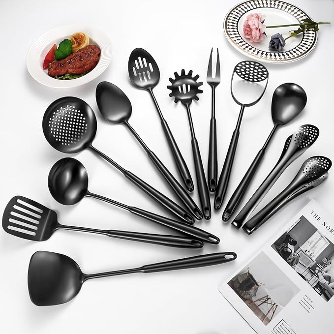 304 Stainlss Steel Matte Kitchen Utensils Set, 12 Pcs Long Metal Cooking Utensil Gadgets Tools Set with Spatula, Ladle, Spoon, Ladle, Skimmer, Tunner, Pasta Server, Tongs(Black, Dishwasher Safe)-Ruum Studio Home