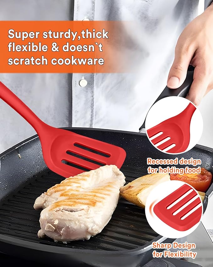 Kitchen Utensils Set, 13PCS Silicone Cooking Utensils, Heat Resistant Kitchen Utensil Spatula Set for Nonstick Cookware, Wooden Handles Kitchen Gadgets Tools Set (RED)-Ruum Studio Home