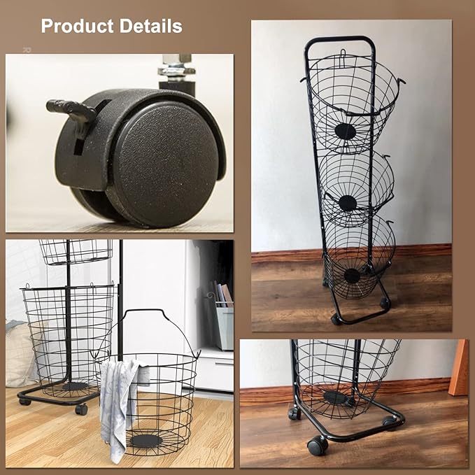 3 Tier Laundry Basket with Rolling Lockable Wheels Wire Metal Sorter Storage Trolley Shelf Basket Durable Metal Sorter Clothes Storage Trolley Shelf with Removable Hamper for Organizing Clothes-Ruum Studio Home