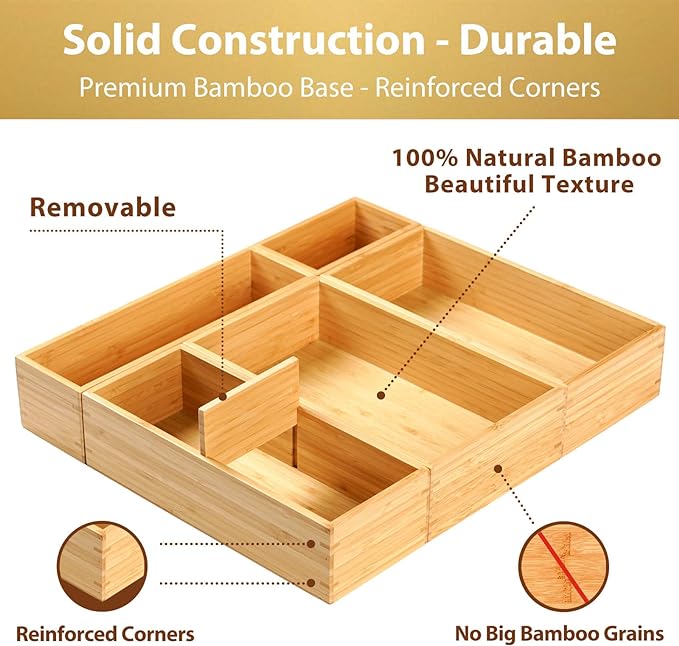 Umilife Drawer Organizer Storage Boxes, 2.5" High Bamboo Drawer Dividers, 5 Rearrangeable Bins for Kitchen, Office Desktop, Clothing, Makeup, vanity, Jewelry-Ruum Studio Home