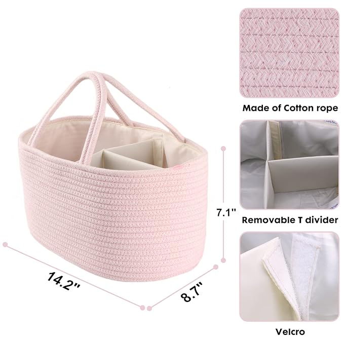 Baby Diaper Caddy Organizer for Girl Boy Rope Nursery Storage Bin Basket Portable Holder Tote Bag for Changing Table Car Travel Baby Shower Gifts Newborn Essentials Registry Must Have Items Pink-Ruum Studio Home